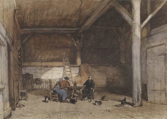 Barn interior with people and cats