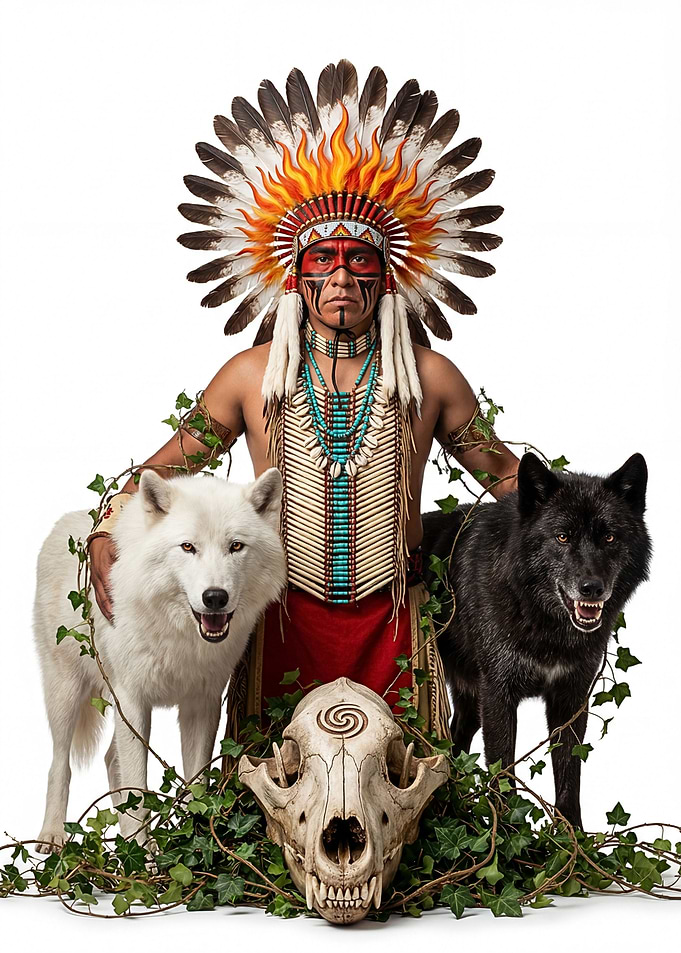 Native American Man with Wolves and Skull