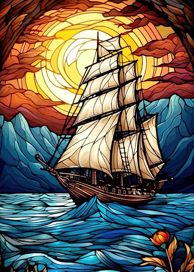 Stained Glass Sailboat at Sunset