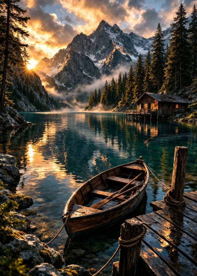 Mountain Lake Sunrise with Boat