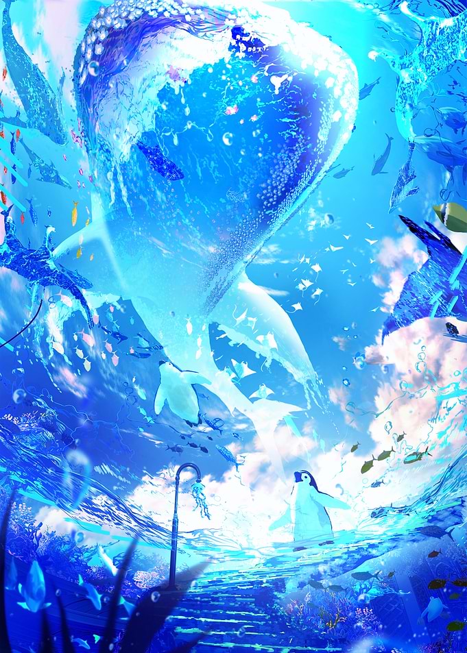 Whale Shark and Penguins in Blue Ocean