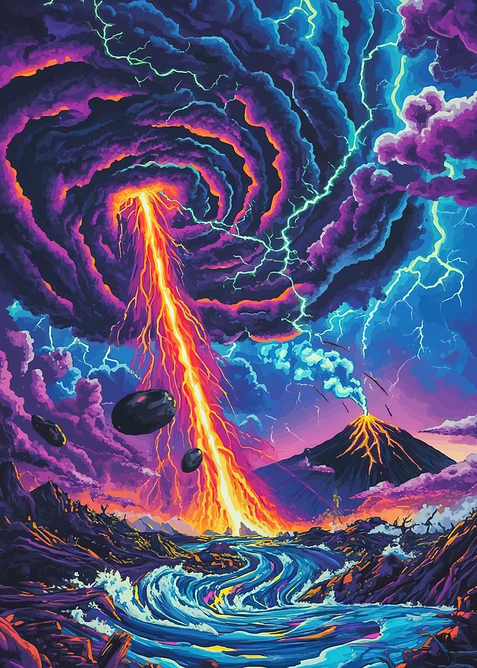 Apocalyptic Landscape with Volcano and Lightning