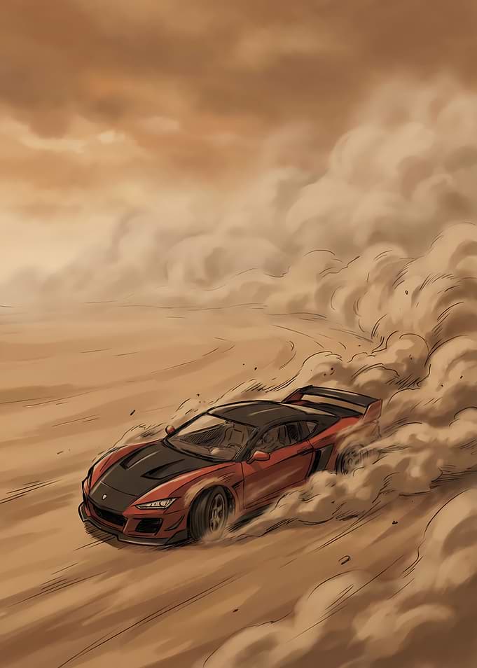 Red sports car drifting in desert