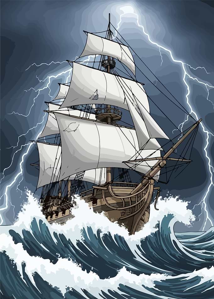 Ship in a Storm with Lightning Poster Vector Art