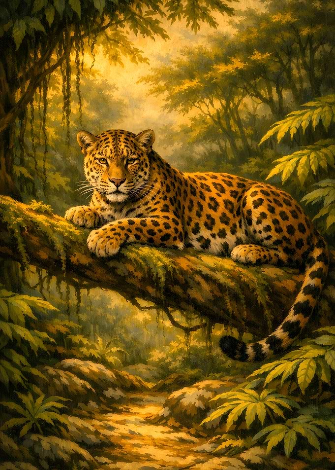 Leopard Resting On A Moss-Covered Tree Branch In A Lush Forest