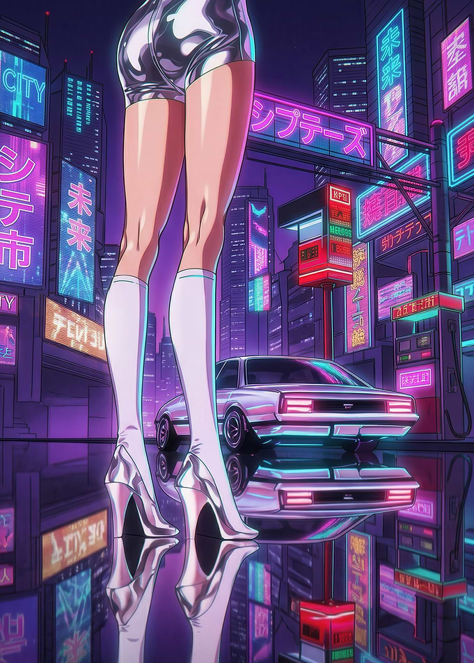 Cyberpunk Cityscape with Futuristic Fashion