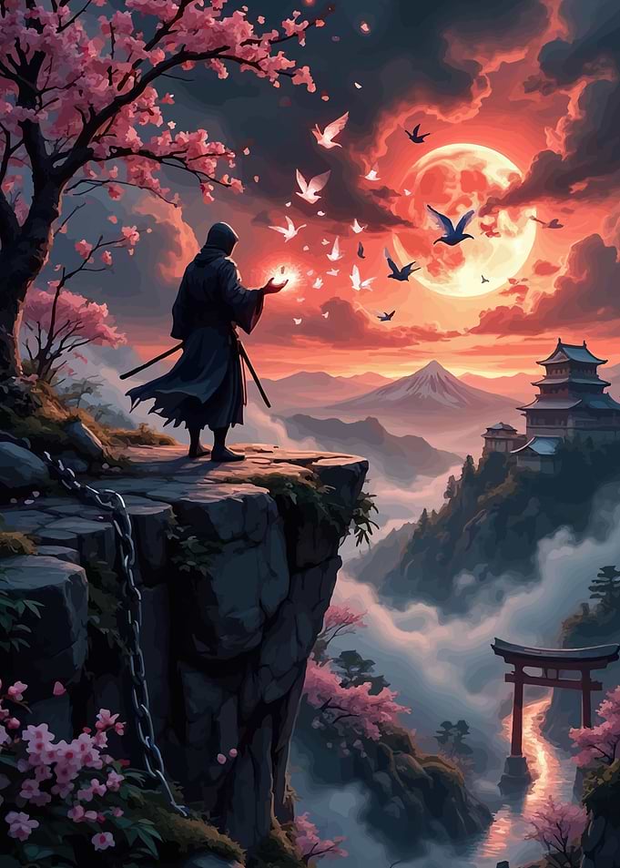 Samurai releasing doves at sunset