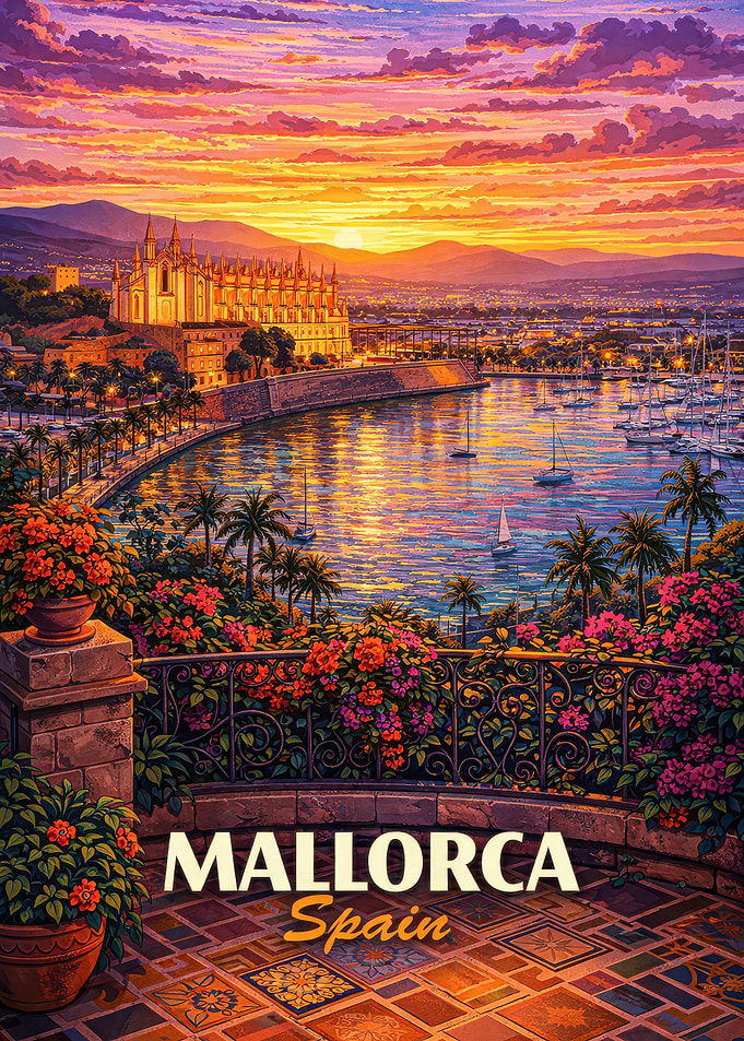 Mallorca Spain Sunset Harbor Painting