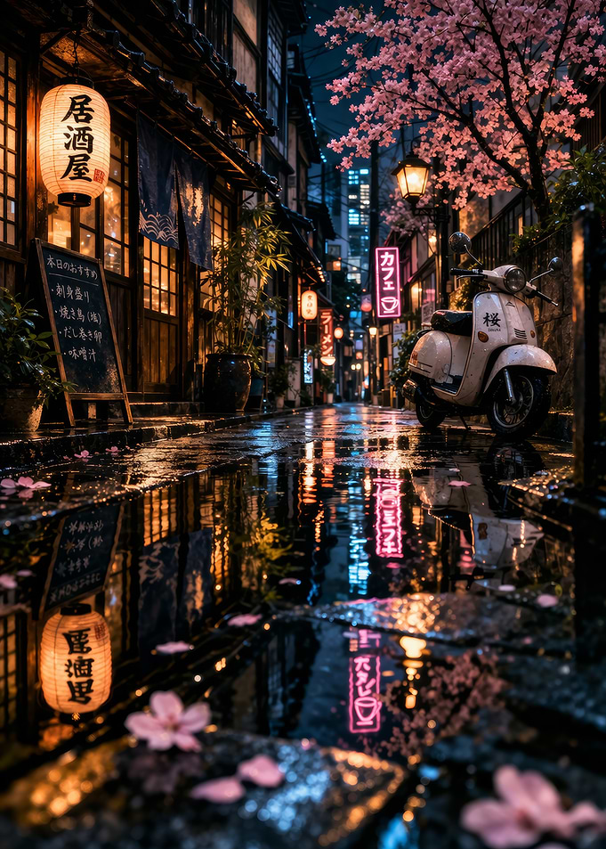 Japanese Alley at Night with Cherry Blossoms