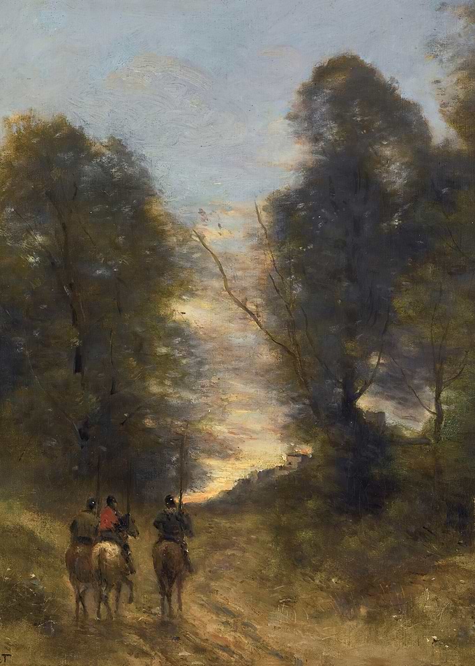 Horsemen on a Forest Path at Sunset