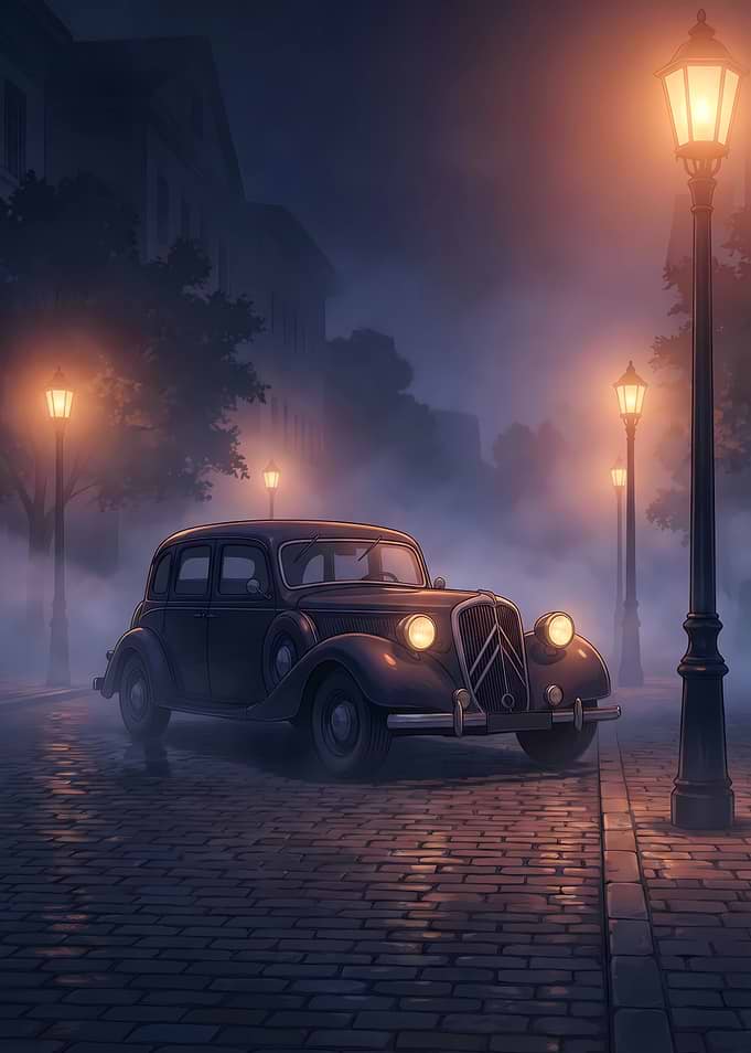 Vintage Car on Foggy Cobblestone Street