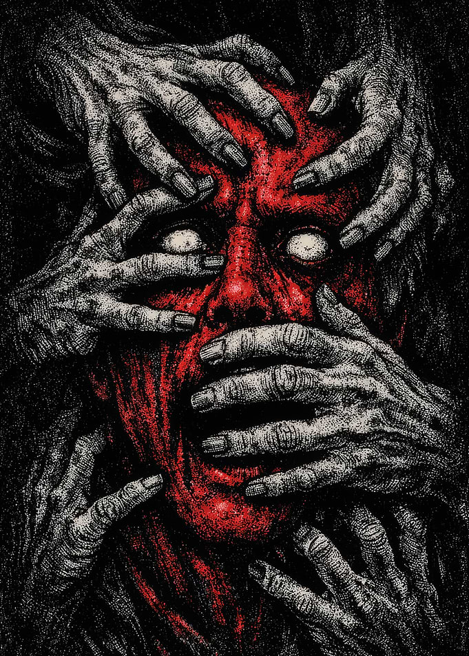 Horror Face Surrounded by Hands