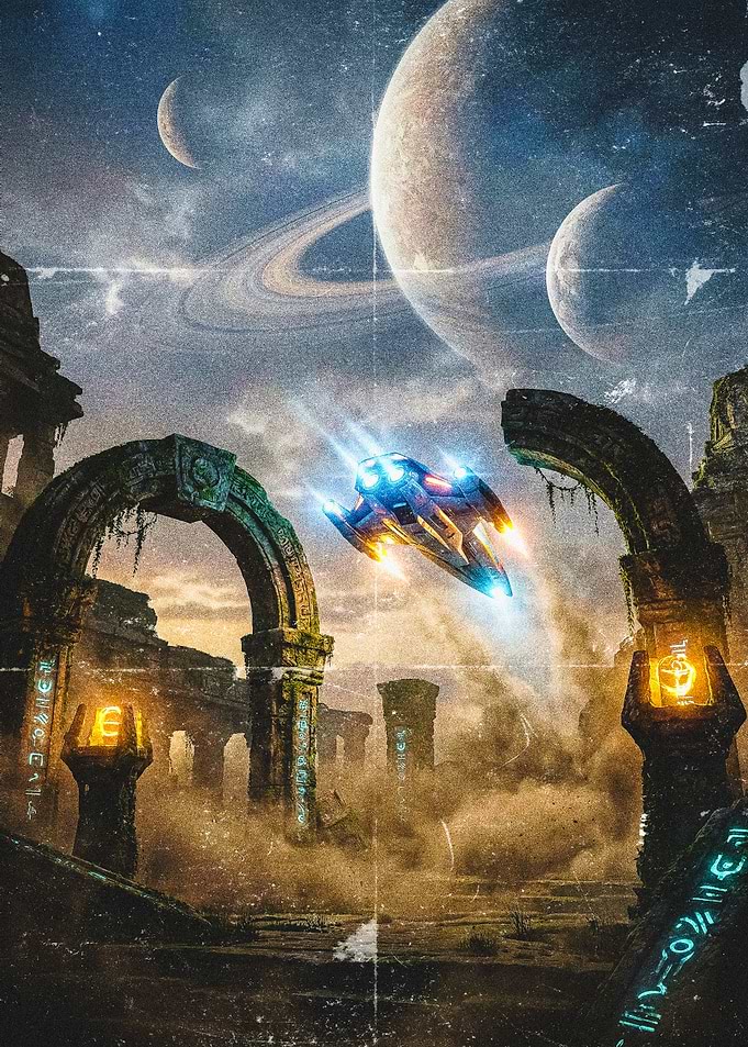 Sci-fi spaceship over ancient ruins