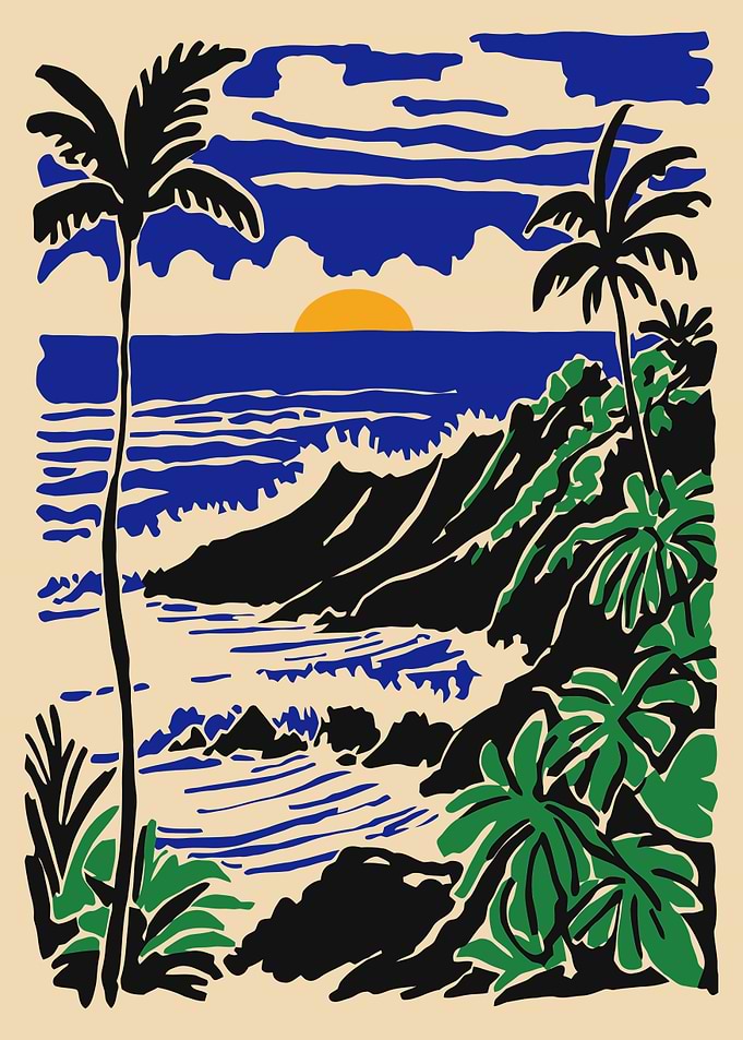 Tropical Sunset Over Rocky Coastline