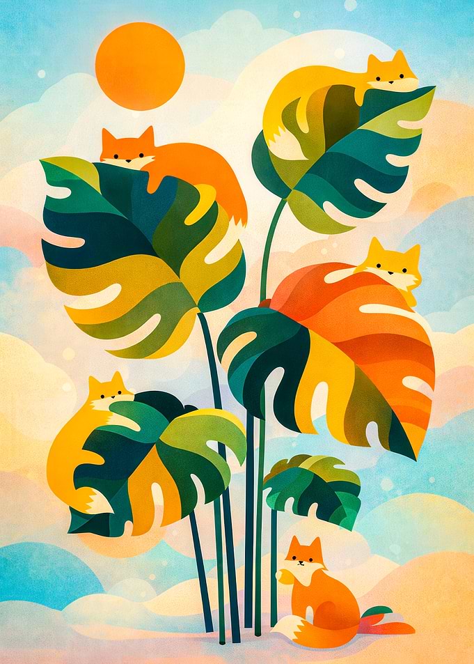 Cute Foxes on Tropical Leaves