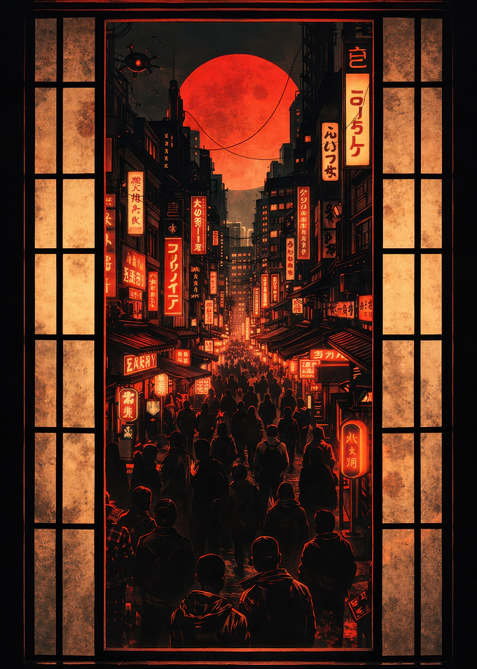 Cyberpunk Cityscape with Red Moon