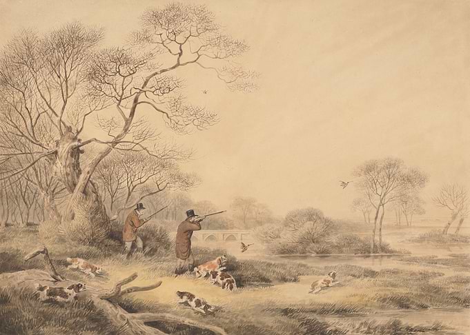 Hunters and dogs in a marshy landscape