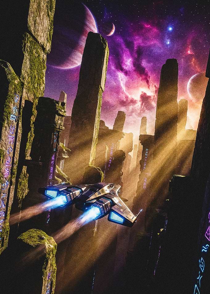 Sci-fi spaceship in alien ruins
