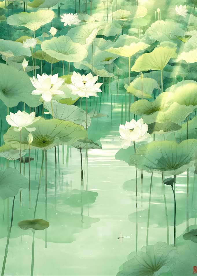 Serene Lotus Pond with Dragonflies