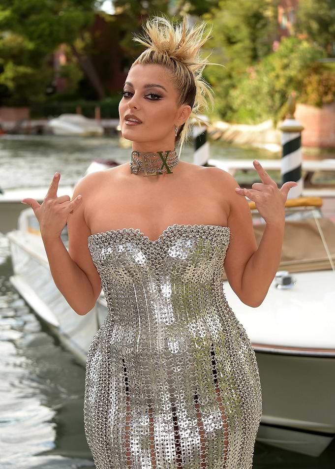 Bebe Rexha in a metallic dress