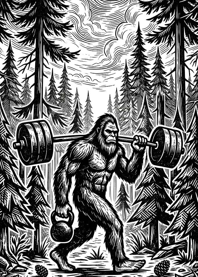 Bigfoot Weight Lifting In Forest Gym Workout