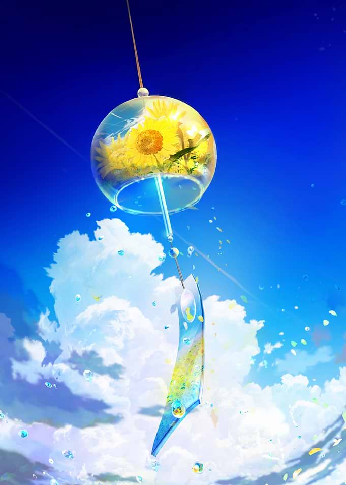 Wind Chime with Sunflowers in Sky