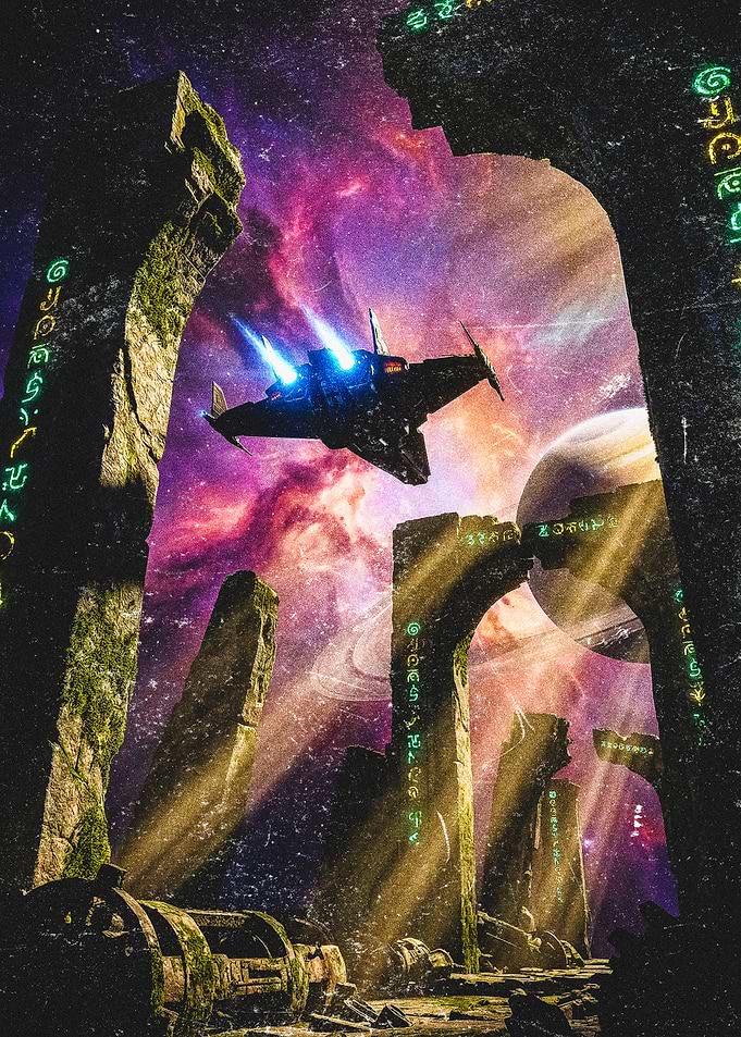 Sci-fi spaceship among ancient ruins in space
