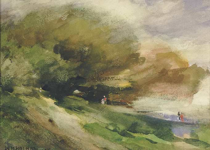 Watercolor Landscape with Figures