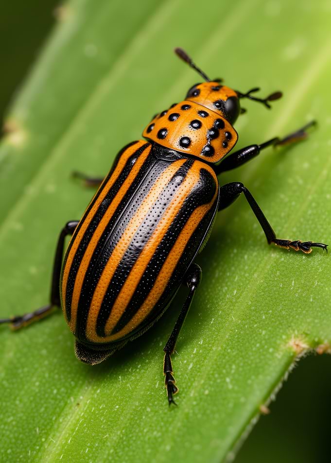 Striped Beetle on Green Leaf