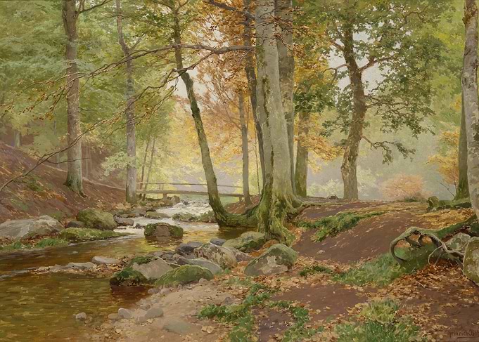 Autumn Forest Stream with Wooden Bridge