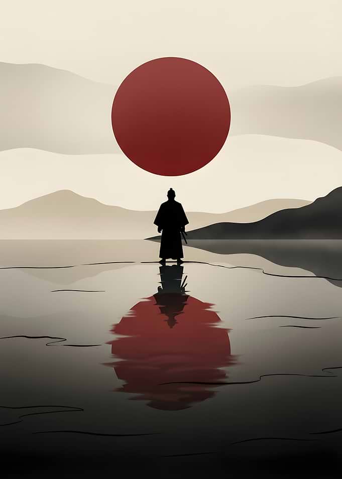 Samurai Reflection Under Red Sun