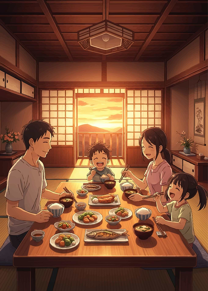 Family enjoying a meal at sunset