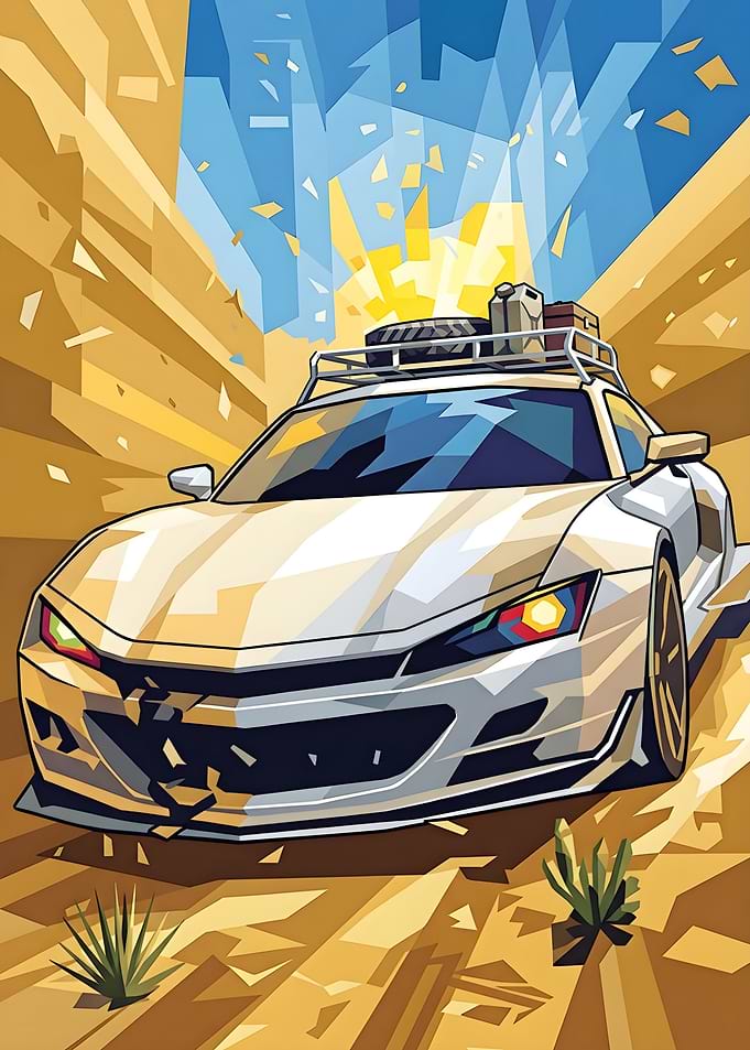 Off-road car in desert landscape