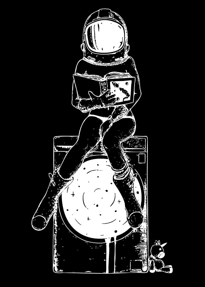 Astronaut Reading on a Washing Machine