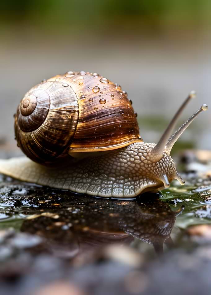 Snail with Water Droplets on Shell