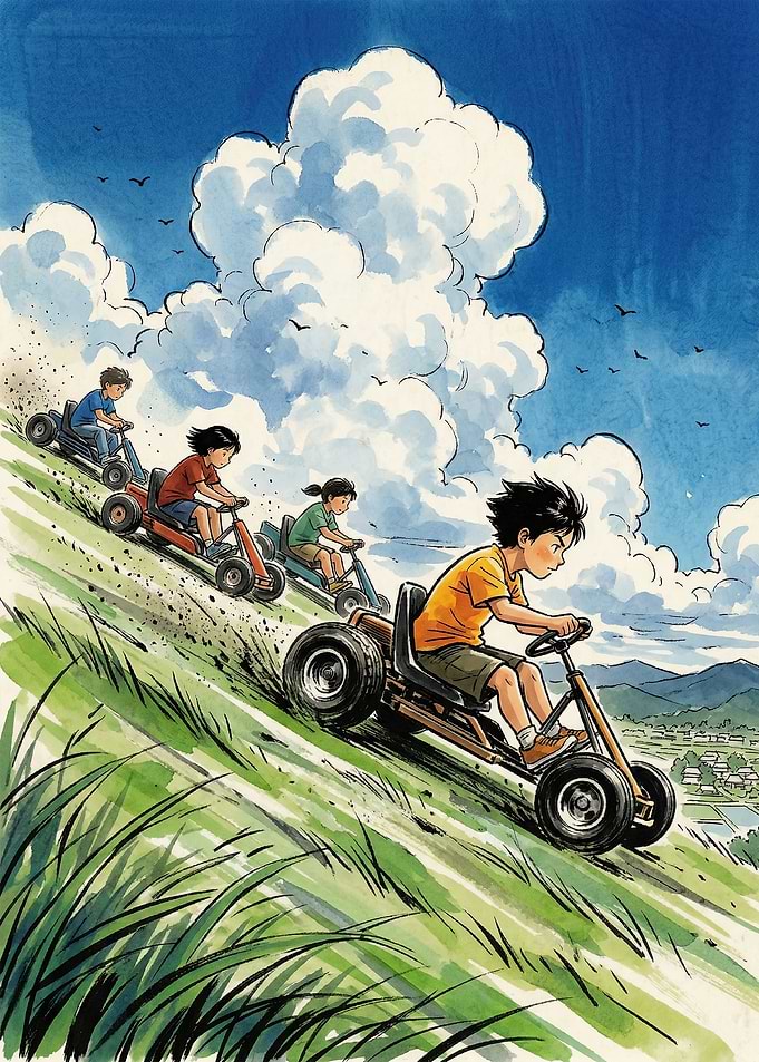 Children racing go-karts down a grassy hill