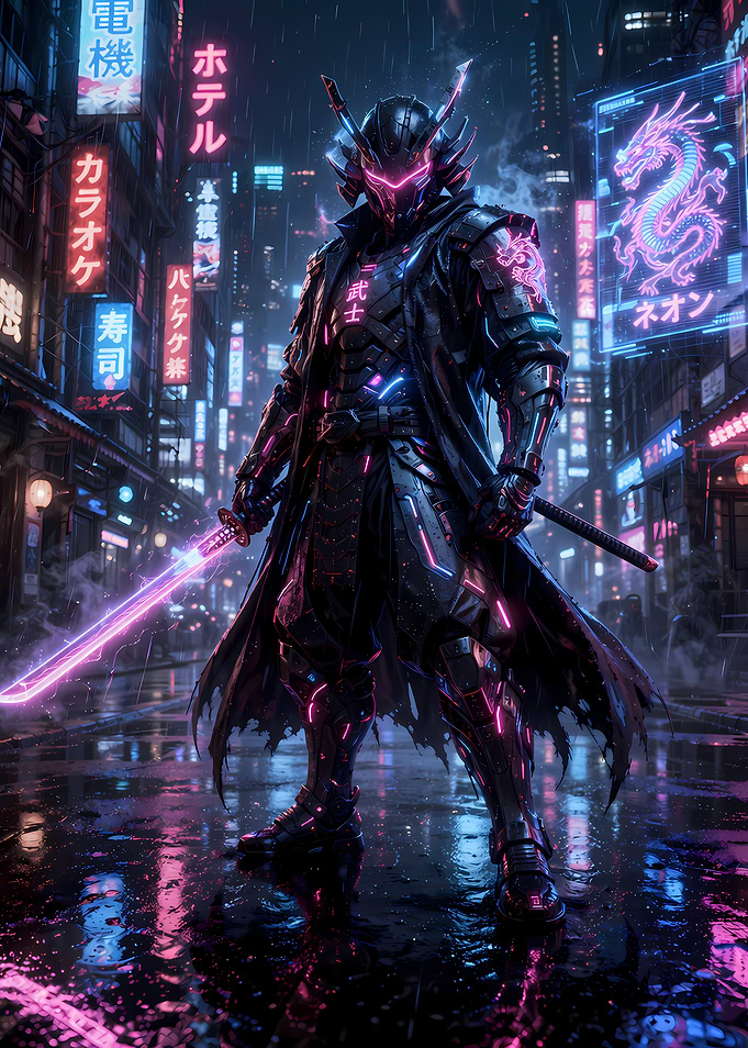 Cyberpunk Samurai with Neon Sword