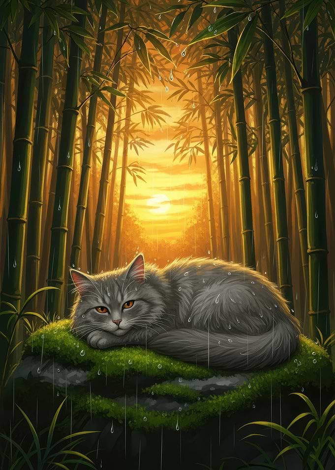 Cat in Bamboo Forest During Rain
