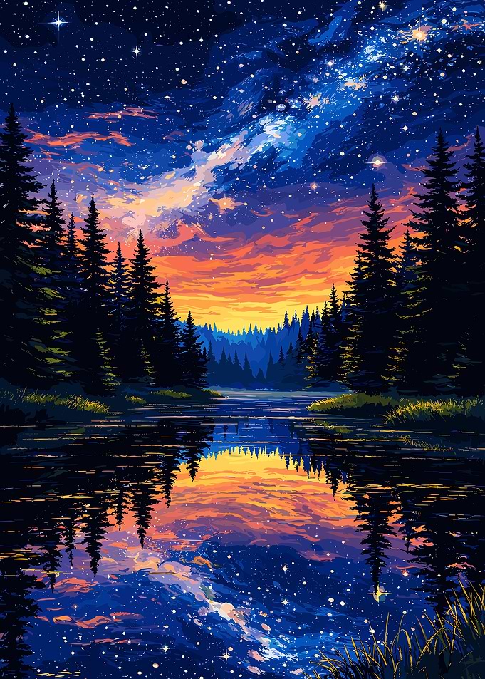 Starry Night Forest Lake Reflection