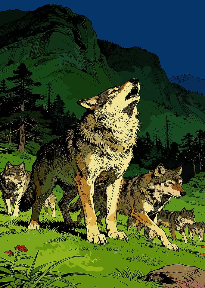 Wolves howling in a mountain forest