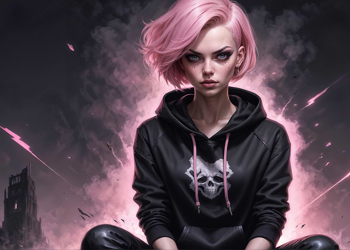 Gothic Pink Haired Girl with Skull Hoodie