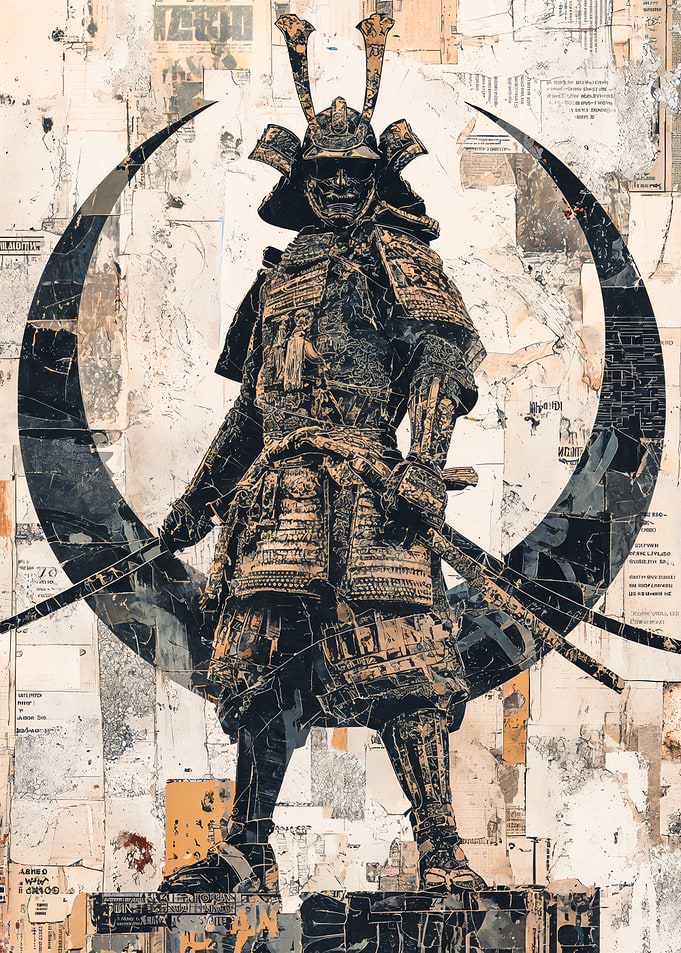 Samurai Crescent Moon Newspaper Collage