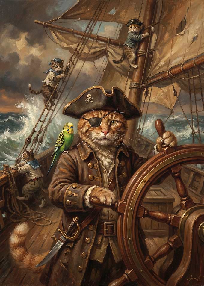 Pirate Cat Captain on a Ship