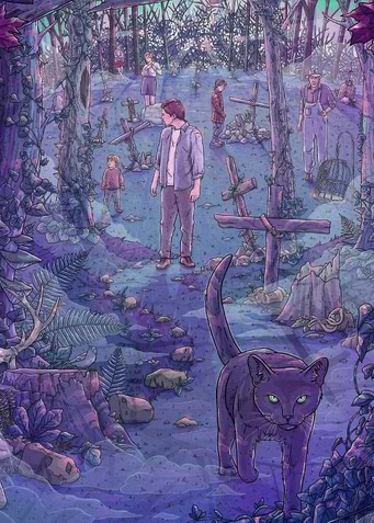 Mysterious Cemetery with Cat and Figures