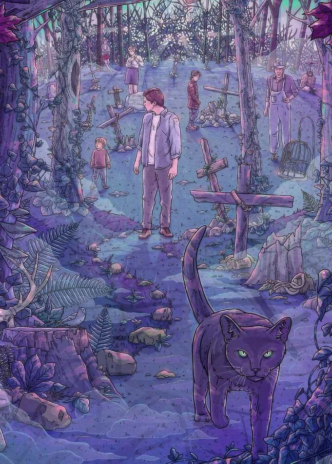 Mysterious Cemetery with Cat and Figures