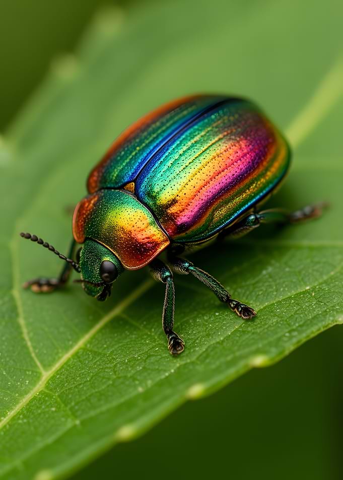 Iridescent Beetle on Green Leaf