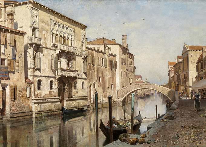 Venetian Canal Scene with Bridge and Gondolas