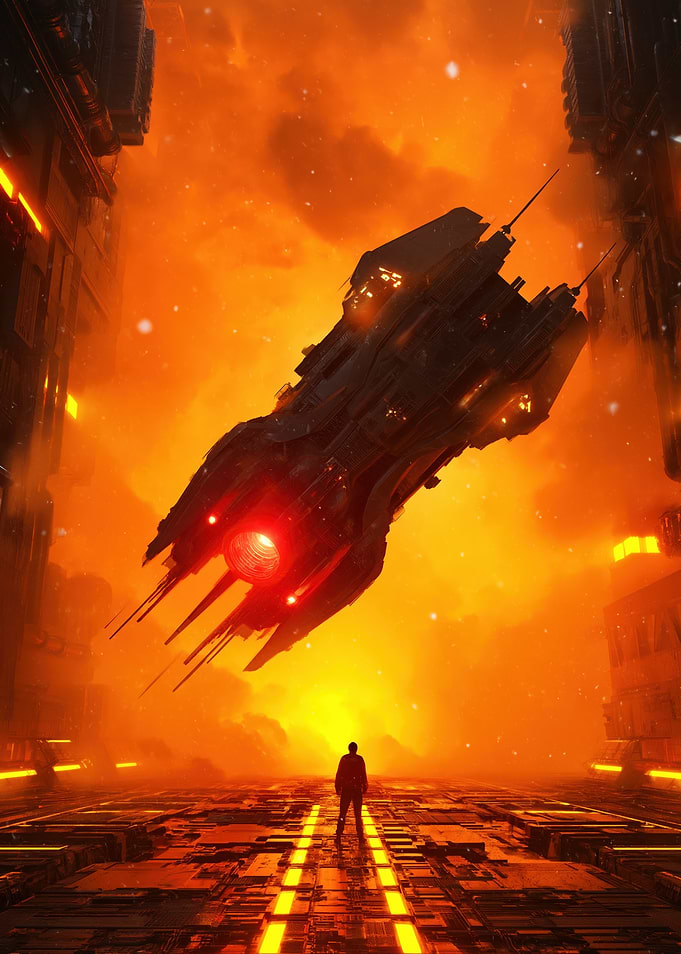 Sci-fi Spaceship over Futuristic City