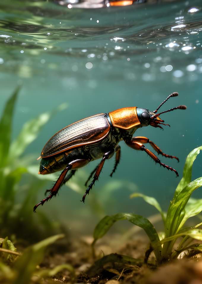 Underwater Beetle Among Plants