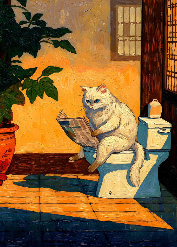 Cat Reading Newspaper on Toilet